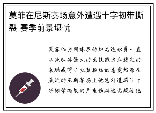 莫菲在尼斯赛场意外遭遇十字韧带撕裂 赛季前景堪忧