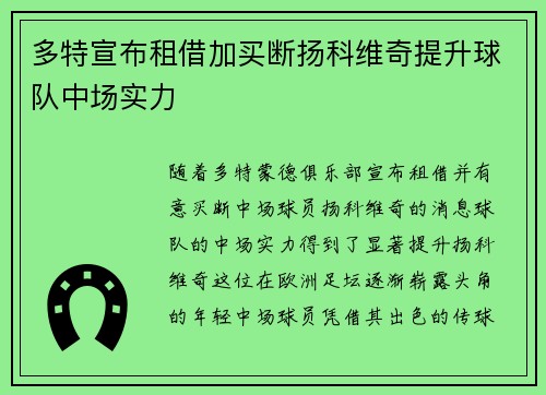 多特宣布租借加买断扬科维奇提升球队中场实力